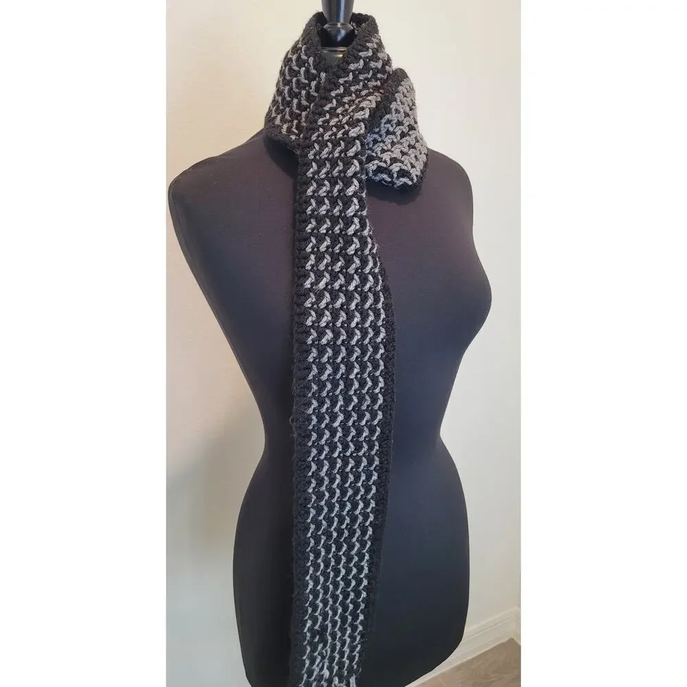 Handmade Crochet Scarf Black Gray Fringe Cozy Winter 70